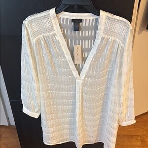 Ann Taylor White Smocked 3/4 Sleeve Blouse